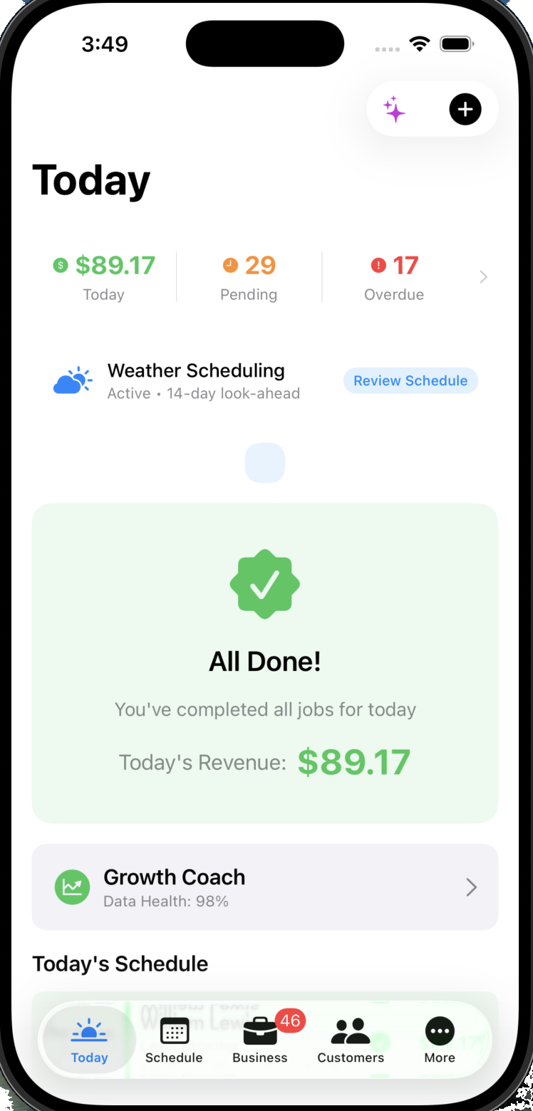 FieldForge app — the Today screen showing daily revenue, weather-based scheduling, and completed jobs
